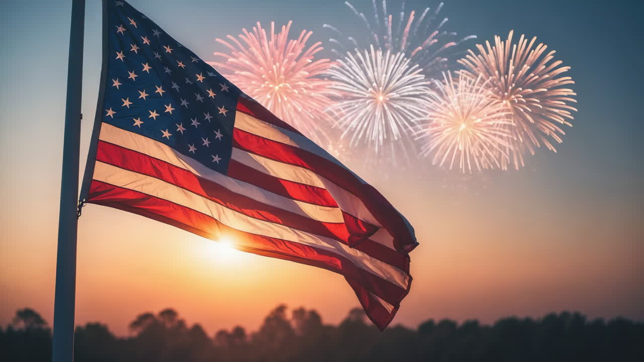 American Flag and Fireworks at Sunset