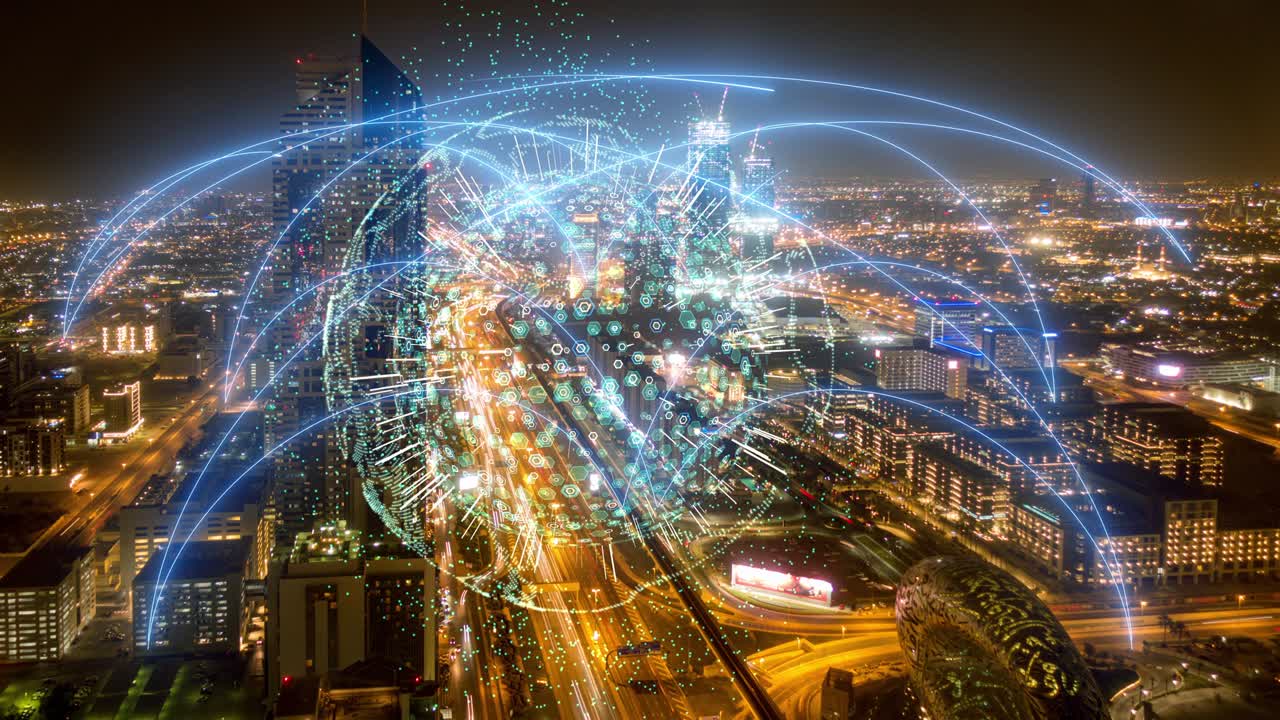 Smart City Aerial Drone Footage Hologram Information Arches Forming During  Network Communication Futuristic Network and Technology 5G Drone Low Light  4k. Video loop, time lapse, Dubai UAE aerial view