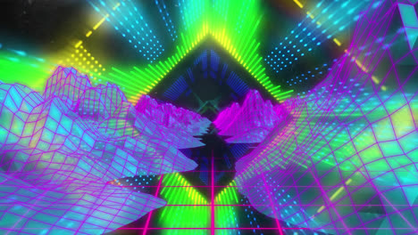 Animation-of-glowing-moving-kaleidoscopic-shapes-over-digital-landscape