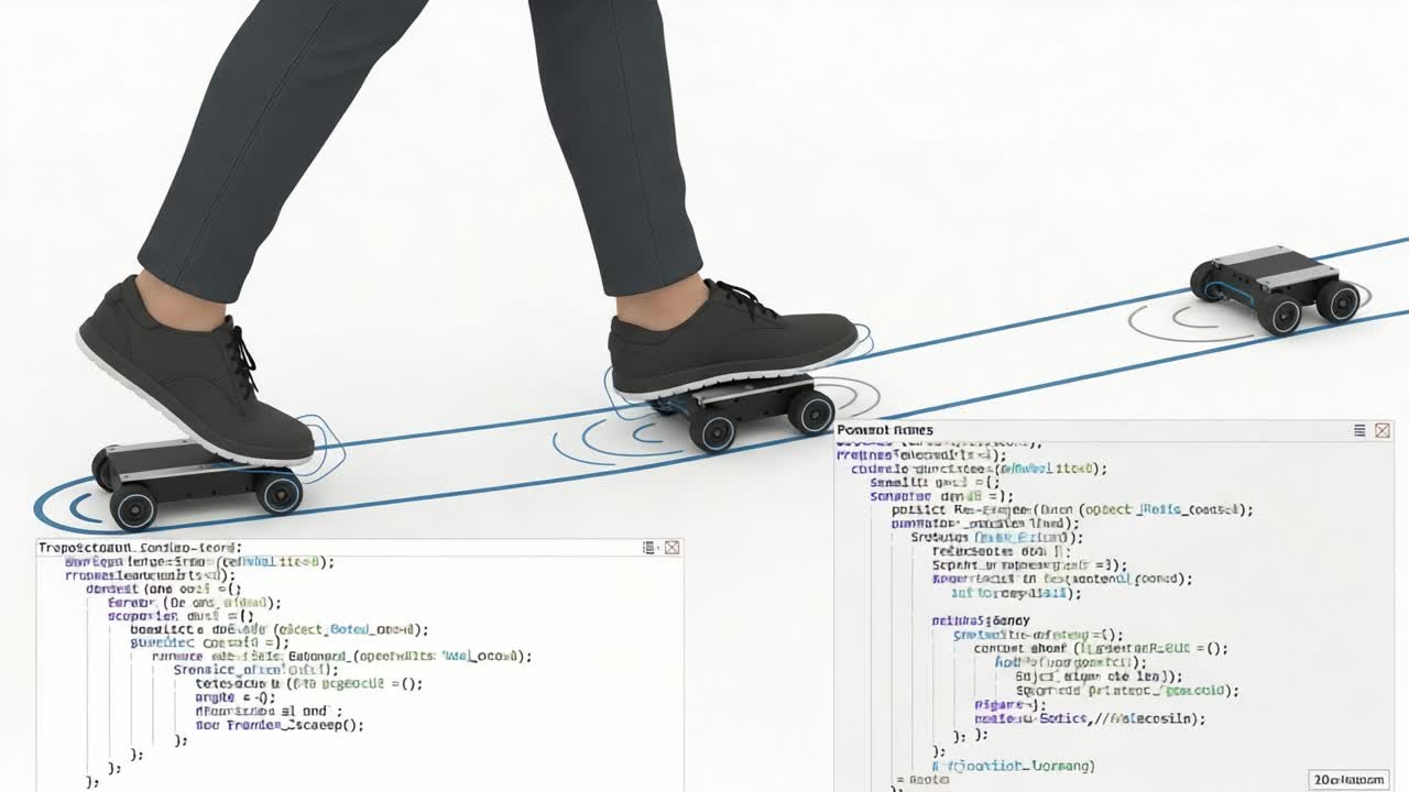 Innovative Personal Transportation: Footwear with Integrated Skating Technology on a Digital Pathway Showcasing Programming Code Functions