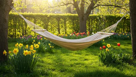 a tranquil hammock nestled among vibrant flowers and lush greenery, perfect for relaxation and enjoying nature's beauty in a serene garden setting