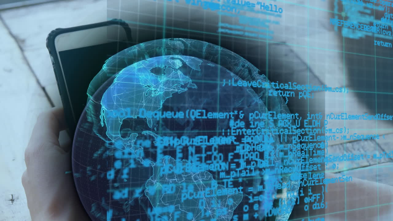 animación del procesamiento de datos financieros sobre un empresario caucásico que usa un teléfono inteligente