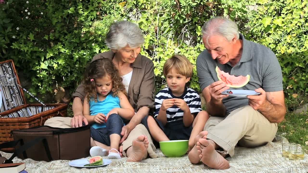 Grandparents and grandchildren feasting at a picnic