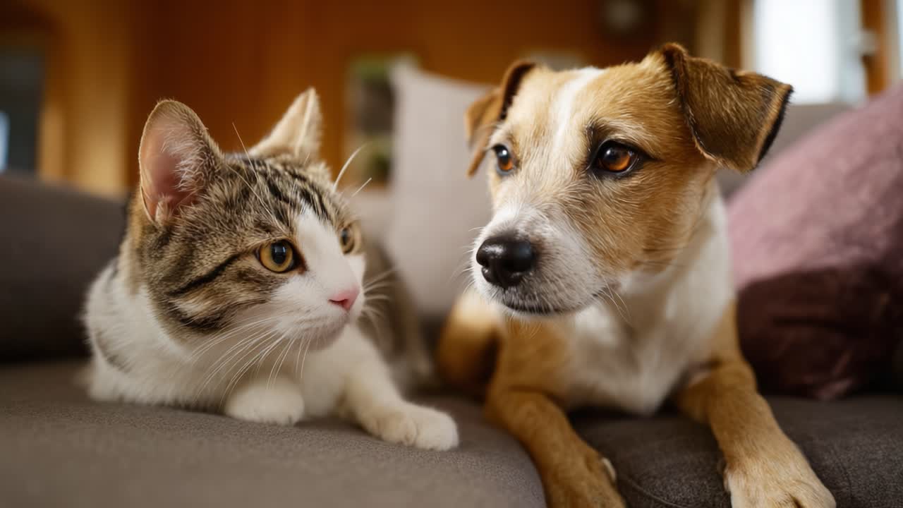 Adorable Companionship: A Cat and Dog Share a Cozy Moment Together, Highlighting Their Unique Bond and Playful Interaction in a Warm Indoor Setting