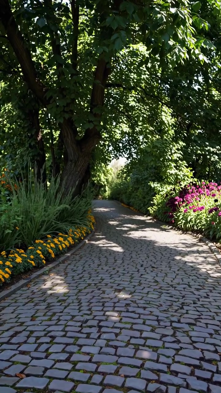 Cobblestone Path Through a Lush Green Park Garden
