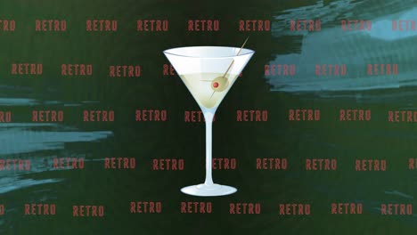 animation of retro text in repetition and cocktail glass on blue background