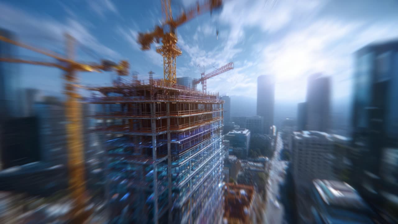 Aerial View of Urban High-Rise Construction Site with Cranes Against a Bright Sky, Showcasing Modern Architecture and Ongoing Development in a City Setting