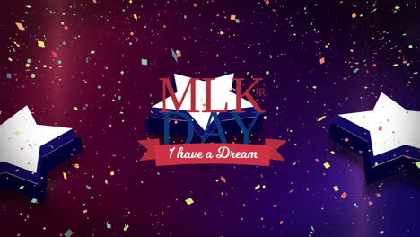 confeti cayendo sobre martin luther king jr día banner de texto contra los iconos de estrellas en fondo púrpura