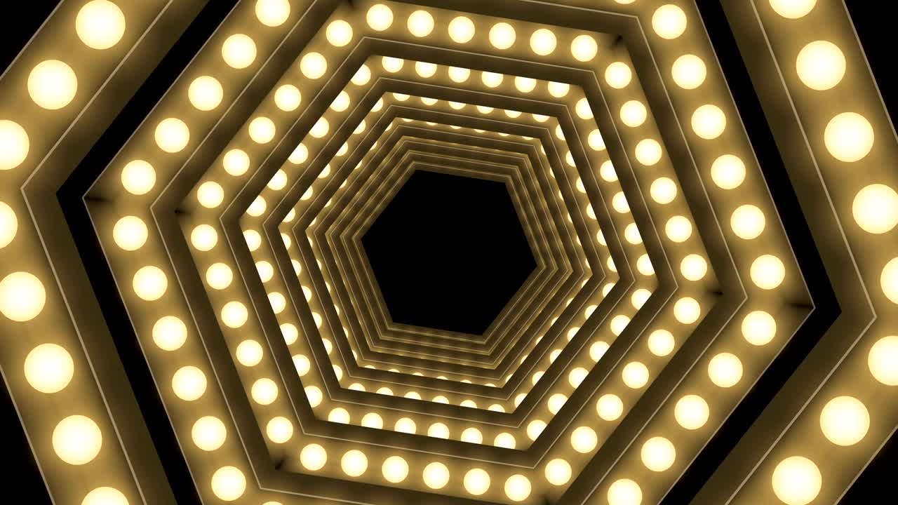 Tunnel Incandescent light bulb box frame hexagon shape swirl rotate moving pattern, retro 3D virtual style illustration glow in dark background seamless looping animation 4K, with copy space