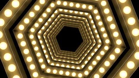 caja de bombilla incandescente de túnel marco de forma hexagonal remolino girar patrón en movimiento, retro 3d estilo virtual ilustración brillo en fondo oscuro animación de bucle sin costuras 4k, con espacio de copia