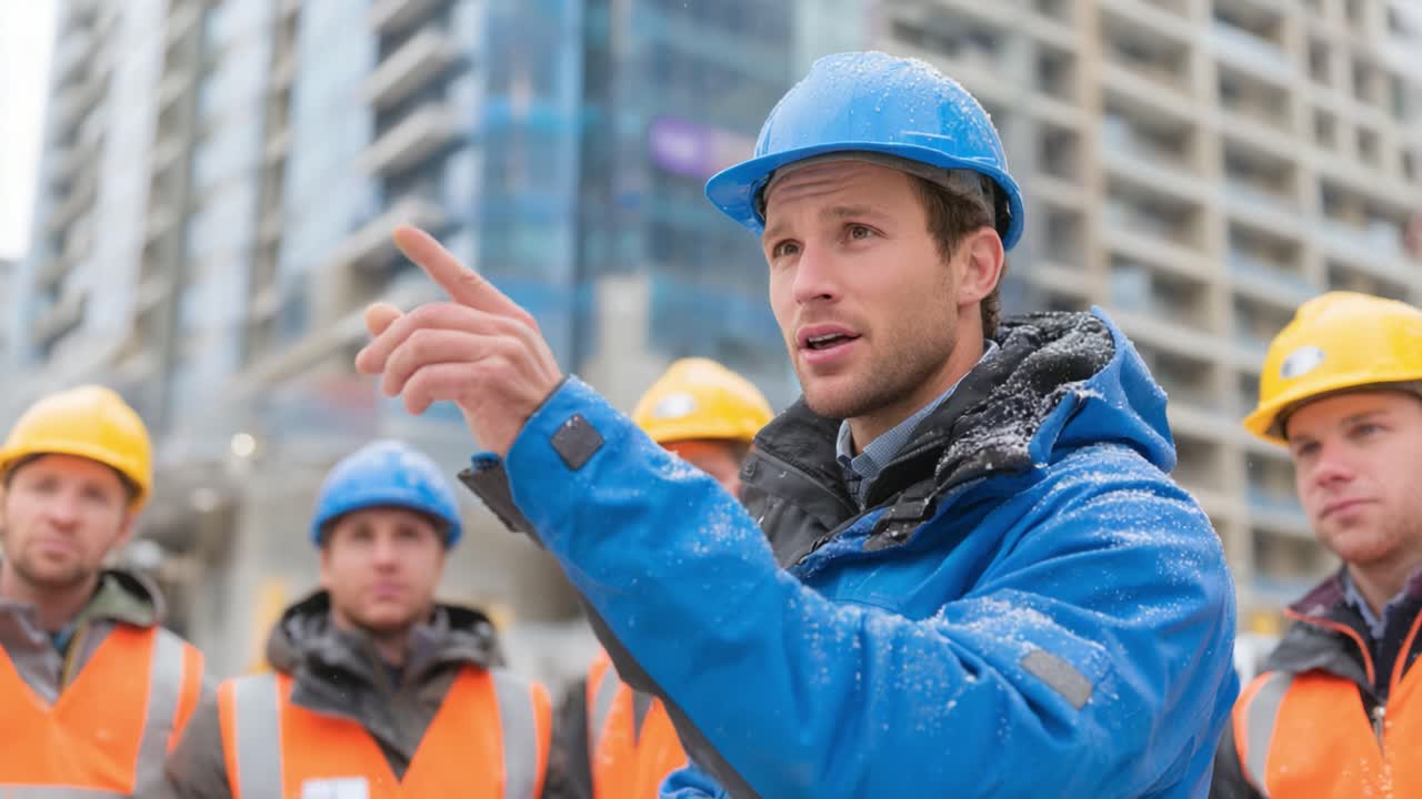 Construction Site Meeting: A Supervisor Briefs a Team of Workers Amidst Snowy Conditions at a Building Site on a Cold Day, Highlighting Team Coordination and Safety
