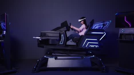 woman experiencing virtual reality driving simulator