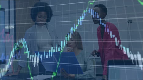animation of financial data processing over diverse business people in office