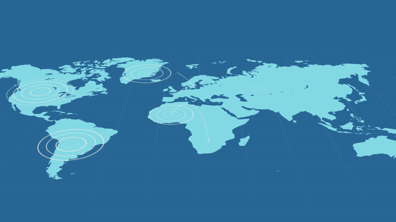파란색 바탕의 영토 위에 빛나는  ⁇ 색 동심 원을 가진 파란색 세계 지도
