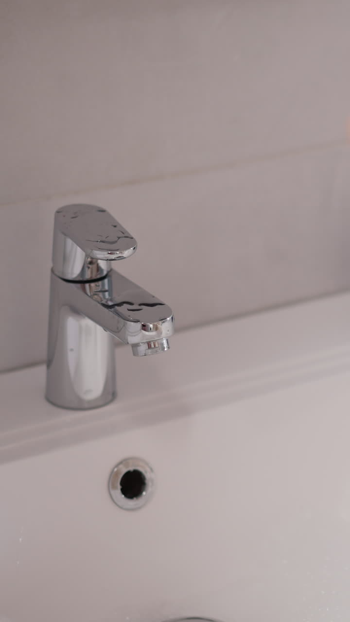 lavabo limpio con agua que fluye del grifo brillante en el baño. persona enjuaga la mano después de la crema pegajosa bajo el agua corriente en el inodoro en cámara lenta