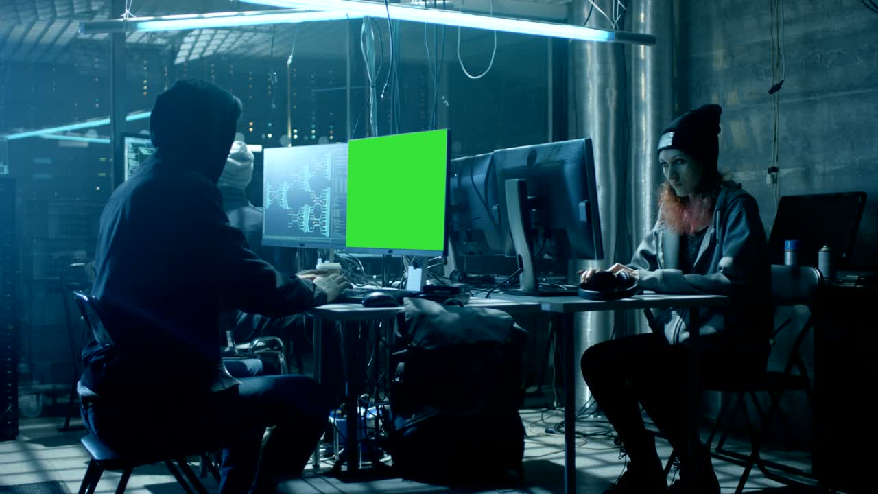 국제적으로 수색되는 십대 해커의 팀은 녹색 화면 모형 디스플레이를 사용하여 서버와 인프라를 바이러스로 감염시니다. 그들의 은신처는 어고, 네온으로 조명되어 있으며 여러 디스플레를 가지고 있습니다.
