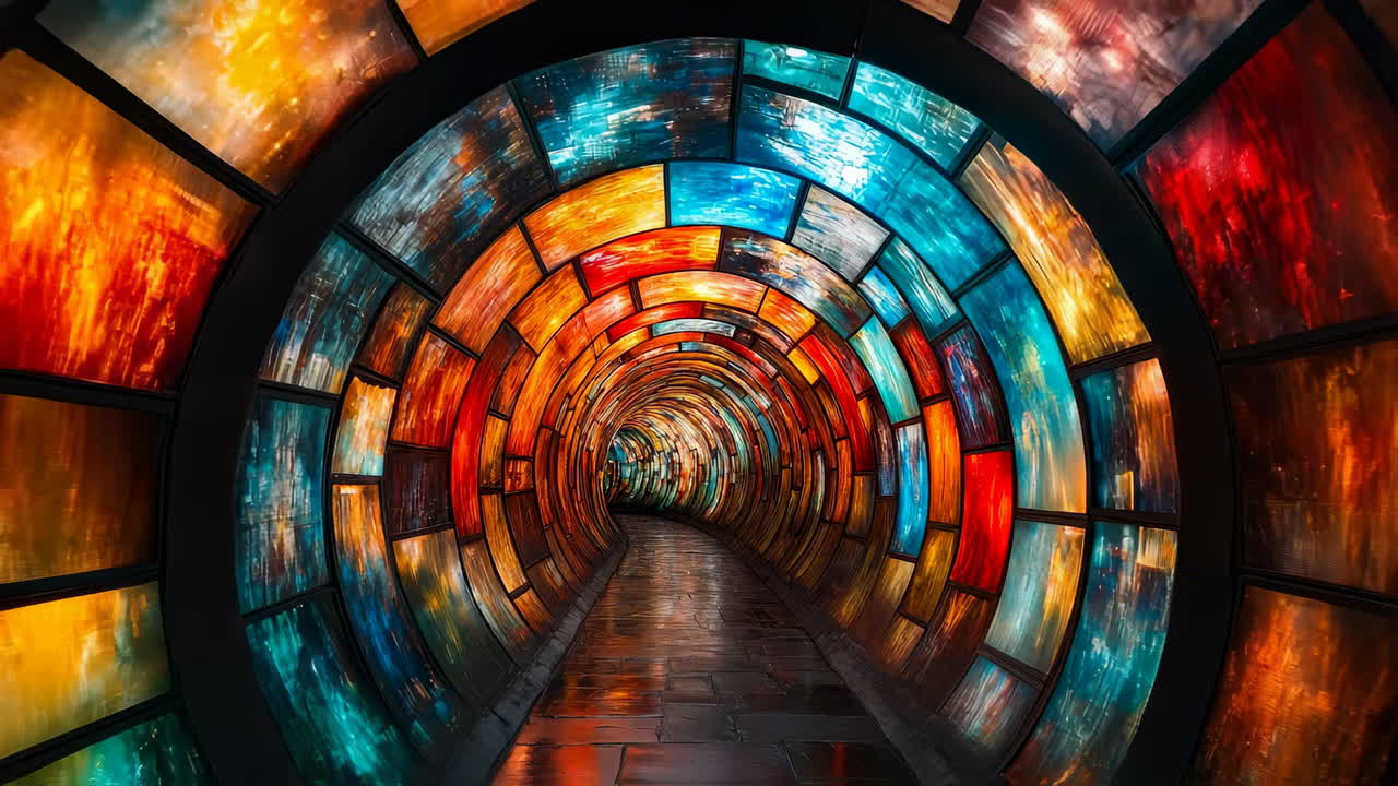 Colorful tunnel with stained glass panels creating a vibrant atmosphere in an urban setting