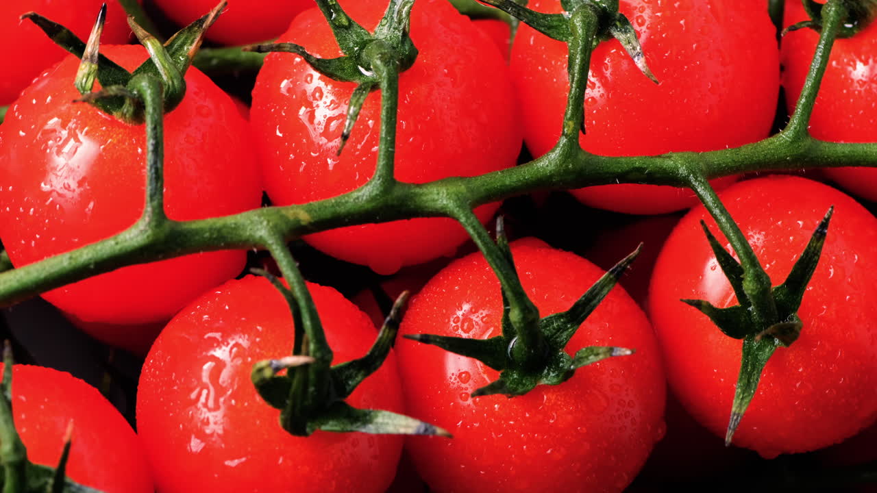 A branch of red cherry tomato covered with waterdrops