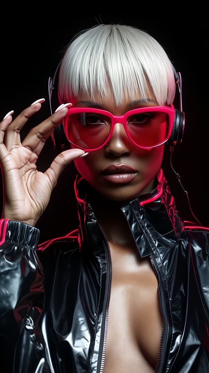 Donna in stile cyberpunk con capelli bianchi che indossa occhiali da sole rosa e cuffie sotto la luce al neon.