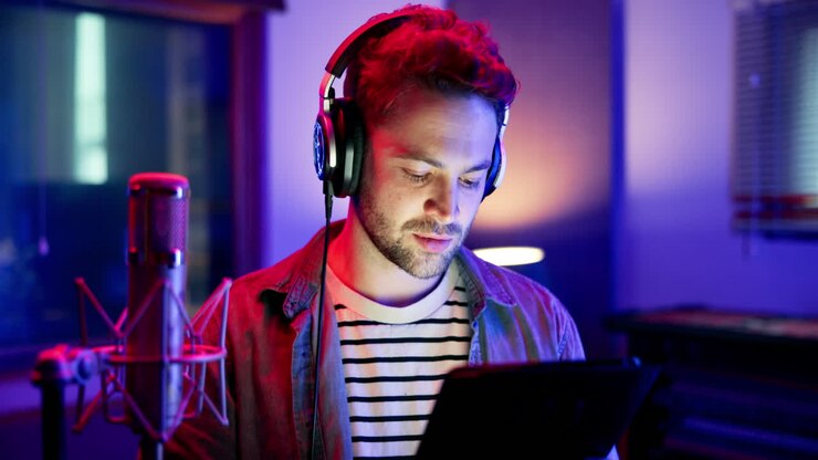 Uomo che registra audio in studio