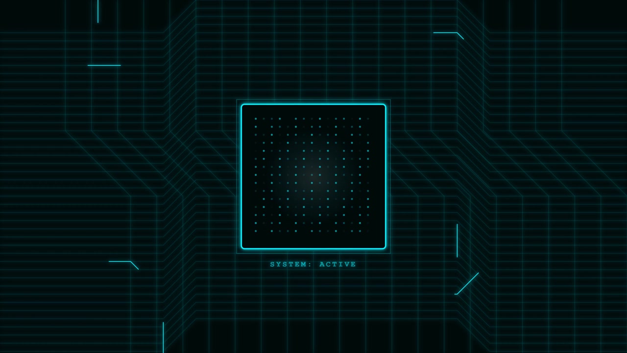Digital Interface with Glowing Central Processor and System Active Text