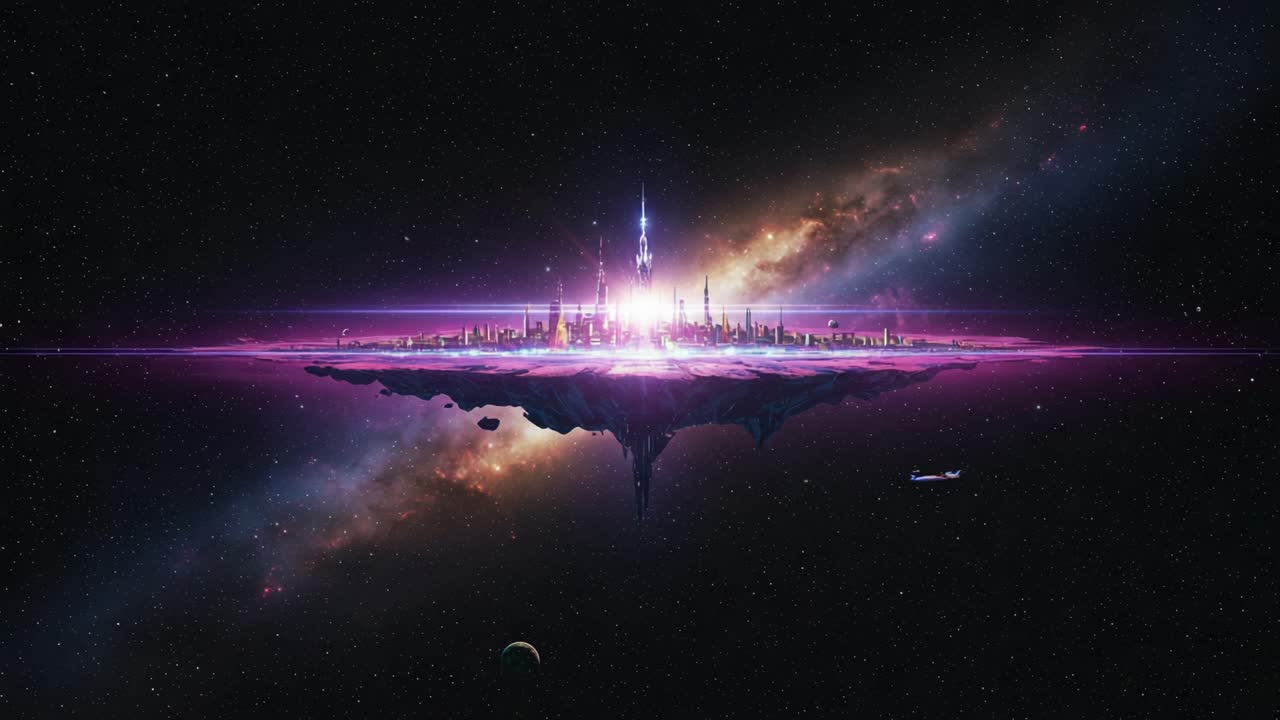 A Stunning Futuristic City Floating Among the Stars: A Visual Journey Through a Cosmic Landscape Enhanced with Neon Lights and Celestial Wonders