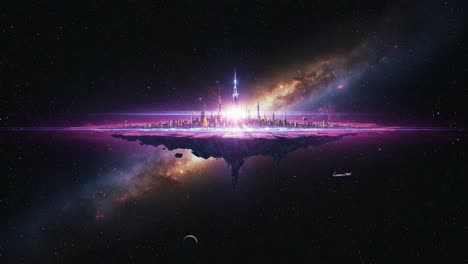 a stunning futuristic city floating among the stars: a visual journey through a cosmic landscape enhanced with neon lights and celestial wonders