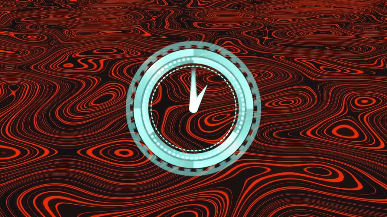 빨간색 패턴의 배경 위에 빠르게 움직이는 시계의 애니메이션