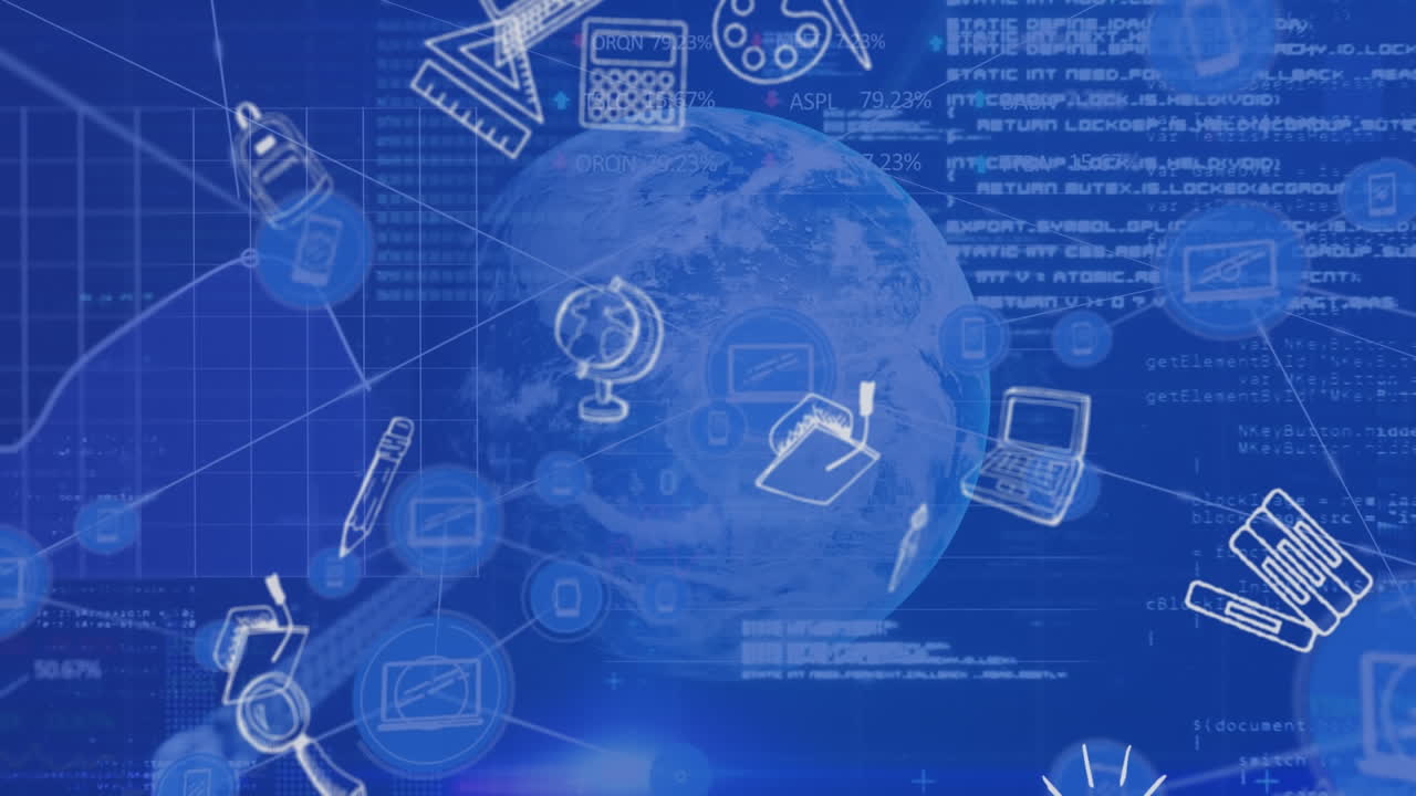 파란색 지구와 파란색 배경 위에 데이터 처리를 통해 떠다니는 학교 아이콘의 애니메이션