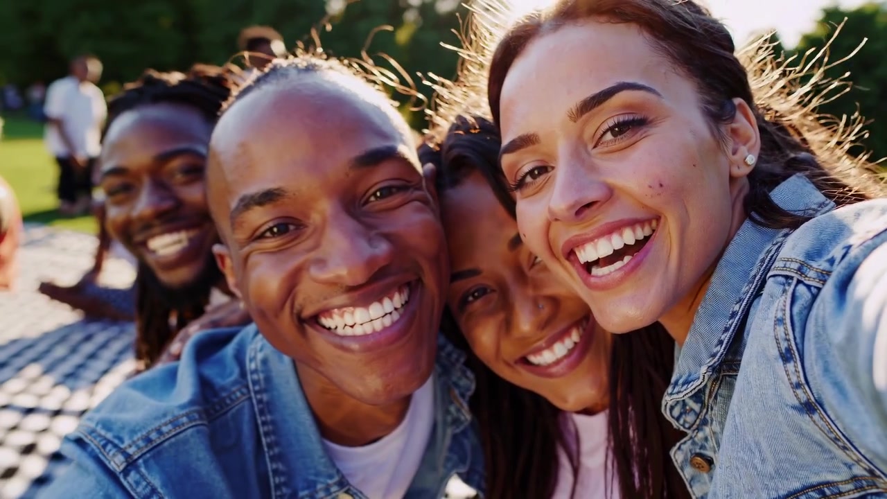 Glückliche junge Freunde machen zusammen ein Selfie in einem sonnigen Park