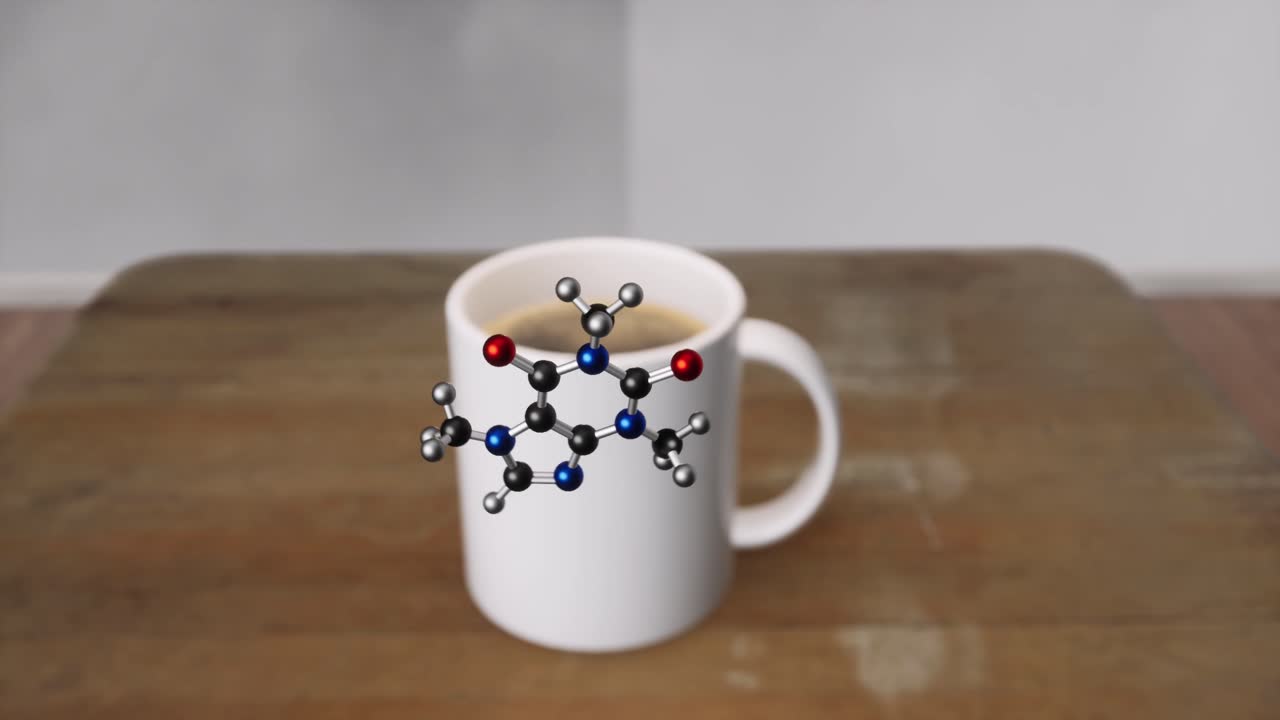 fórmula química estructural de la molécula de cafeína. animación en 3d
