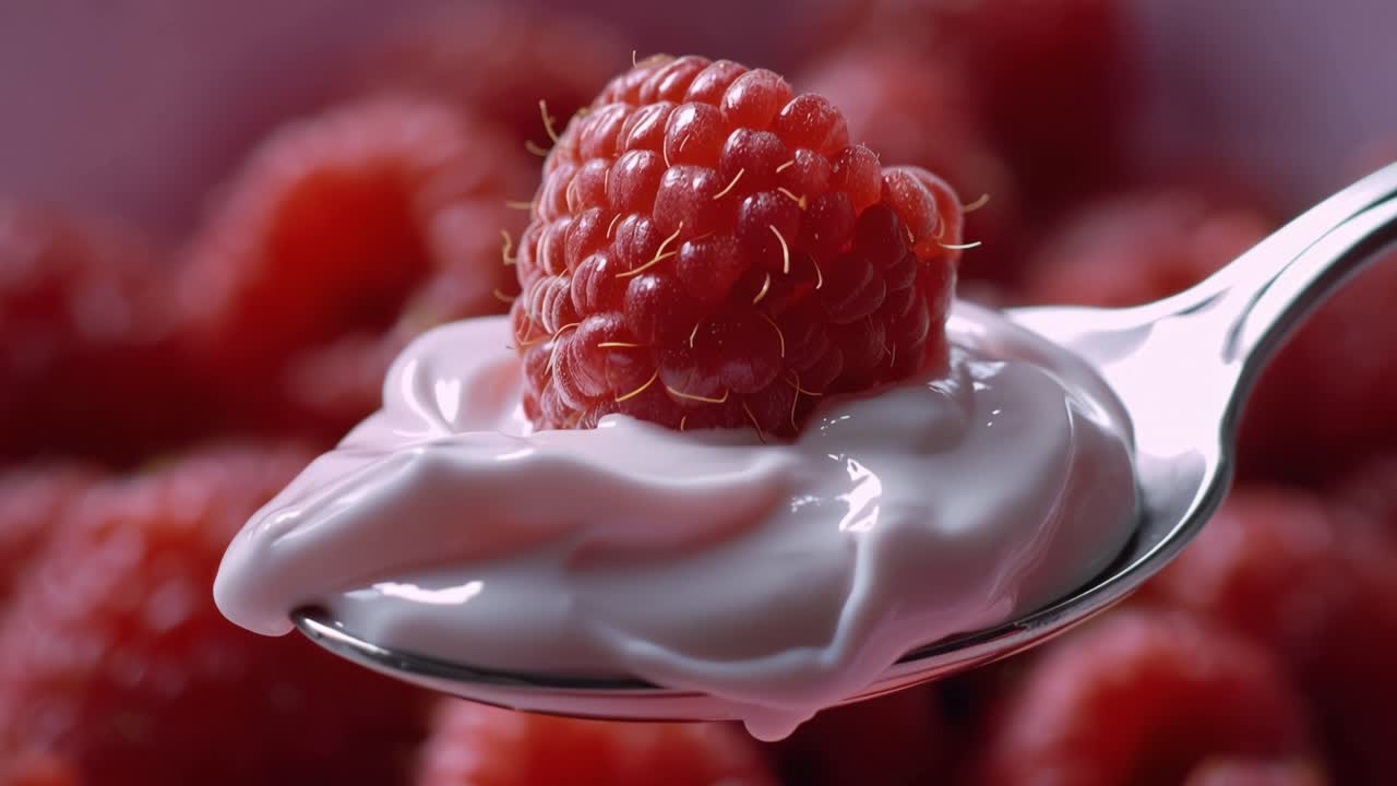 Close-up of Fresh Raspberry and Yogurt on a Spoon