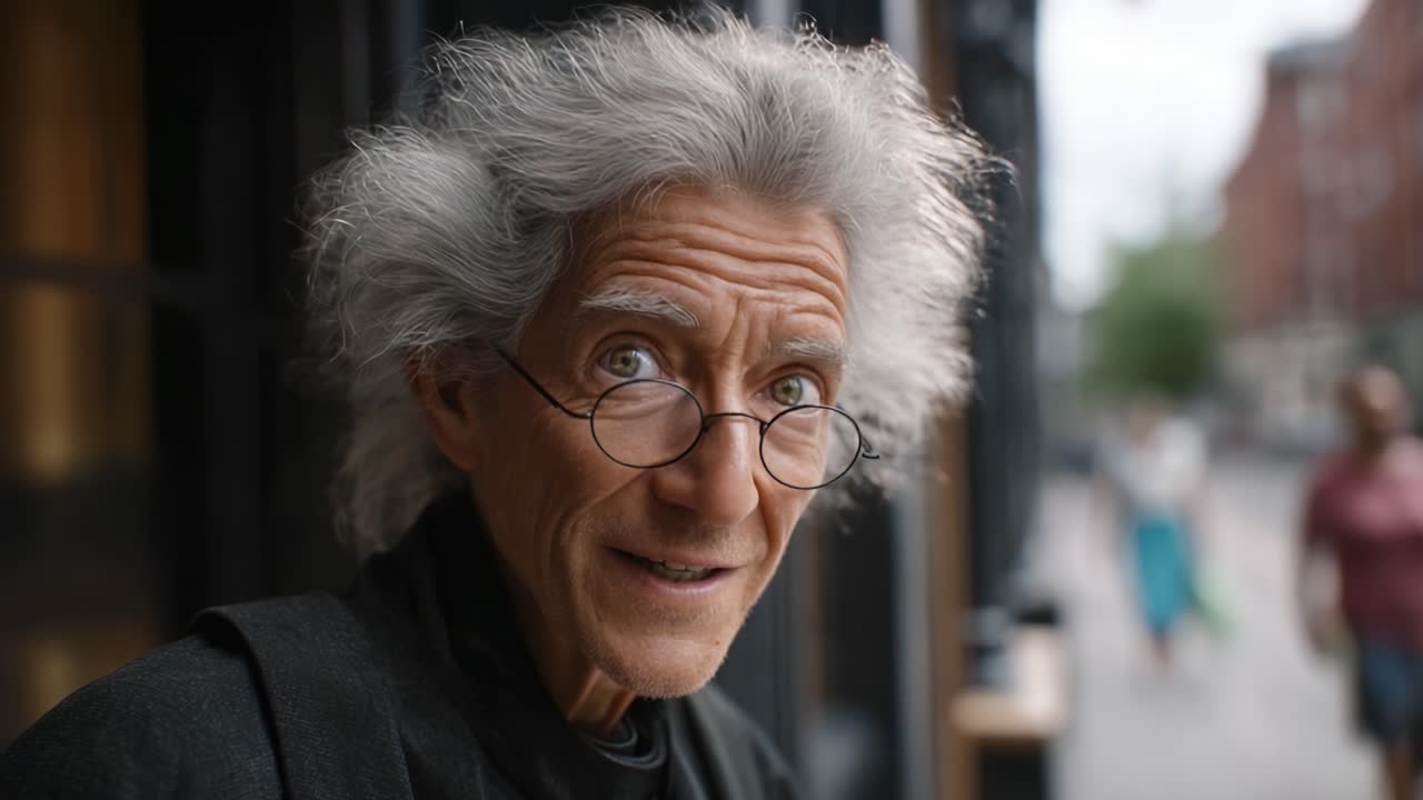 Un uomo anziano distinto con capelli e occhiali unici mostra una serie di emozioni, dalla curiosità alla gioia, in un ambiente urbano