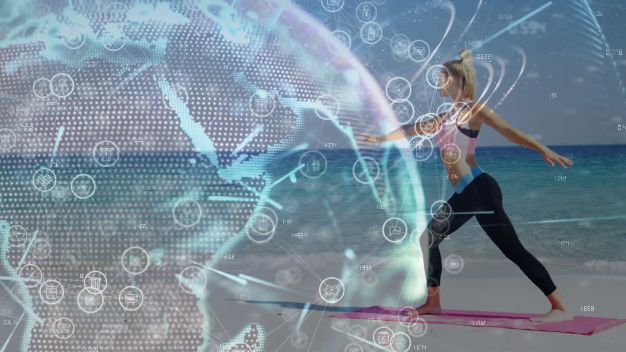 해변에서 운동하는 백인 여성에 대한 지구와 아이콘의 애니메이션