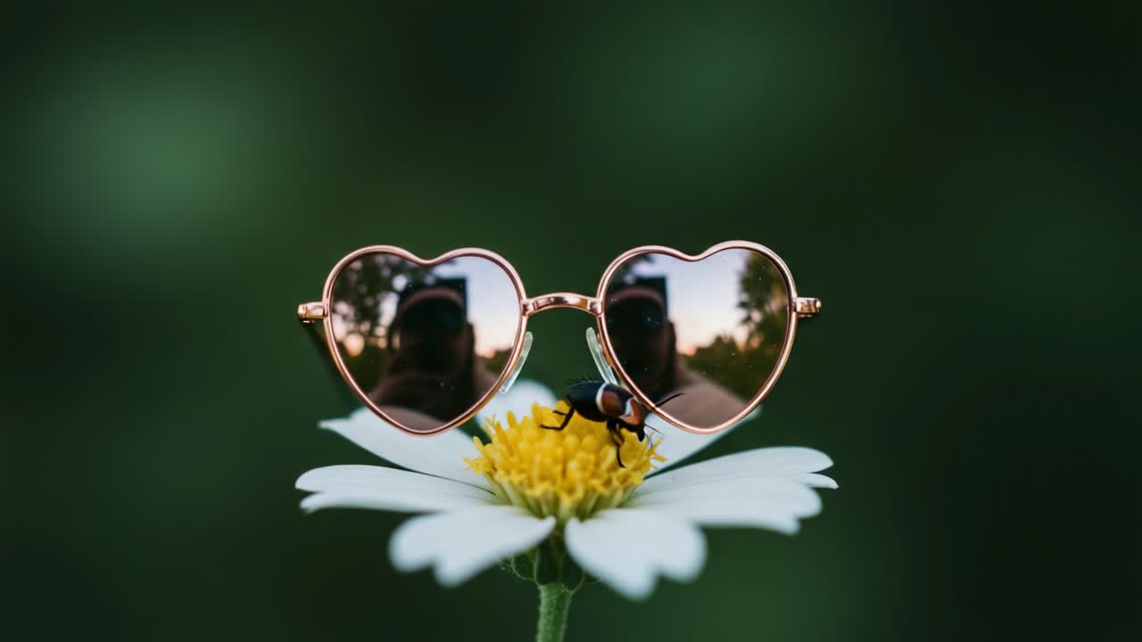 A Charming Close-up of Heart-Shaped Sunglasses Reflecting Nature's Beauty While a Bee Pollinates a Delicate Daisy Flower