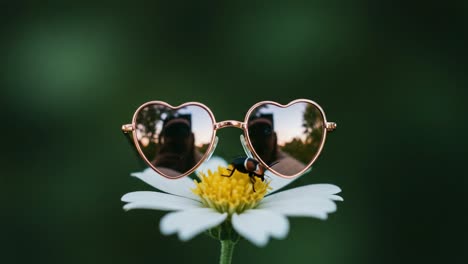 a charming close-up of heart-shaped sunglasses reflecting nature's beauty while a bee pollinates a delicate daisy flower