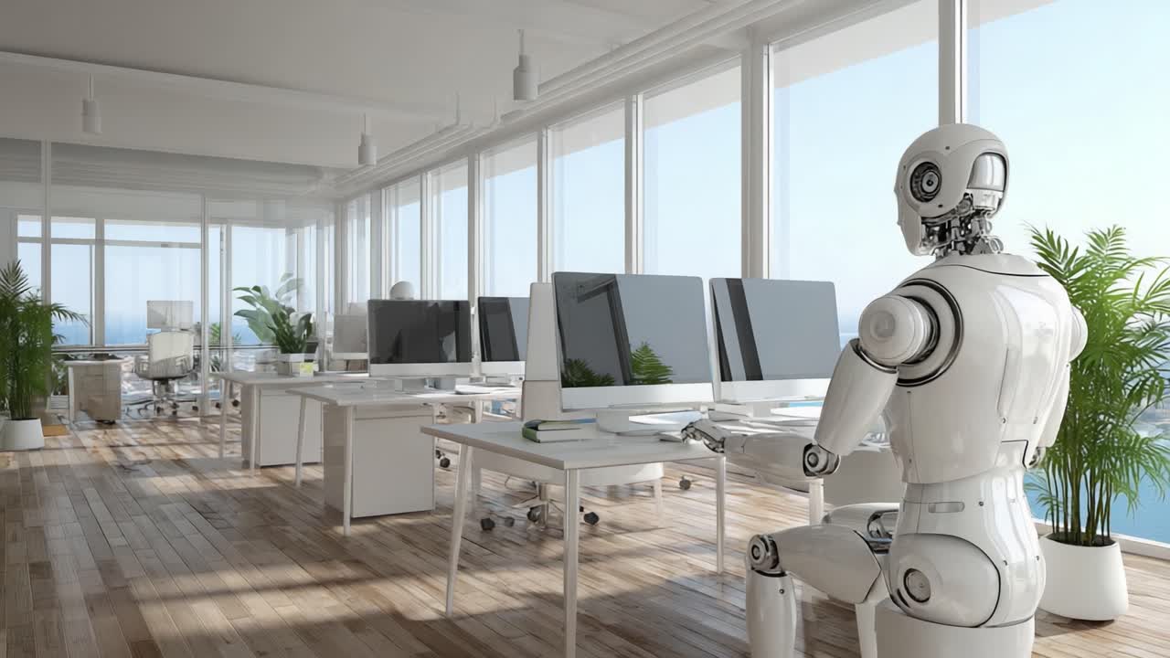 A Futuristic Office Environment Featuring a Robotic Assistant Working at a Sleek Modern Desk Surrounded by Advanced Technology and Lush Greenery