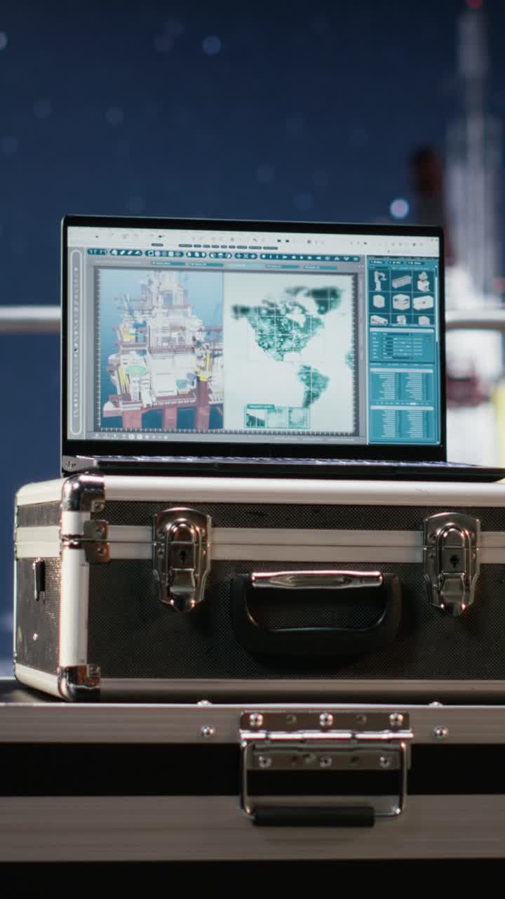 Vertical Video Empty computer displays predictive maintenance dashboard on offshore drilling
