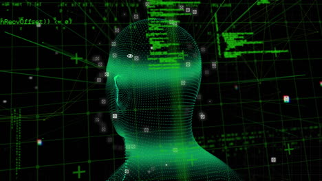 animación de la cabeza humana girando con procesamiento de datos de interfaz digital