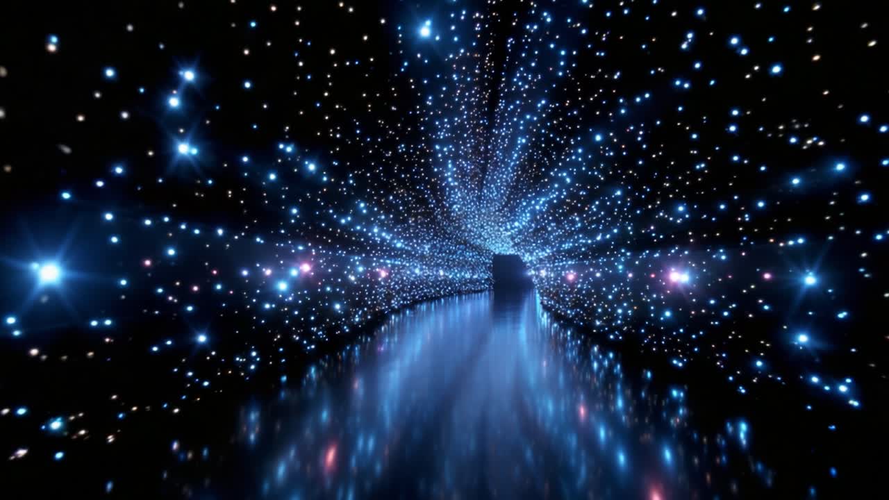 Un affascinante viaggio visivo attraverso un tunnel ultraterreno di luci blu scintillanti e stelle luccicanti, che crea un'esperienza immersiva che cattura l'osservatore e accende l'immaginazione