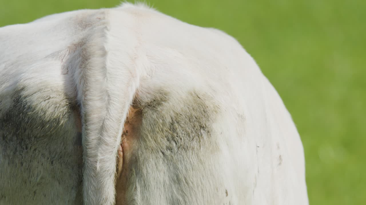 A white cow’s backside and tail are shown in close-up, stationary in bright daylight on a grassy field, with minimal camera movement and natural lighting