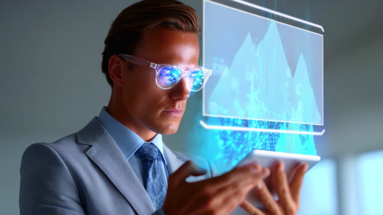 A focused businessman wearing glasses interacts with a futuristic tablet displaying vibrant data visualizations, illustrating the intersection of technology and modern analytics in a sleek office environment
