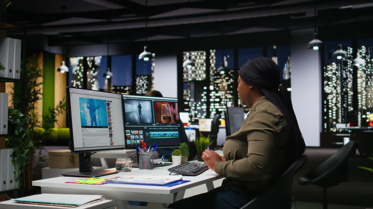 Black movie producer yawning and stretching on office chair at night
