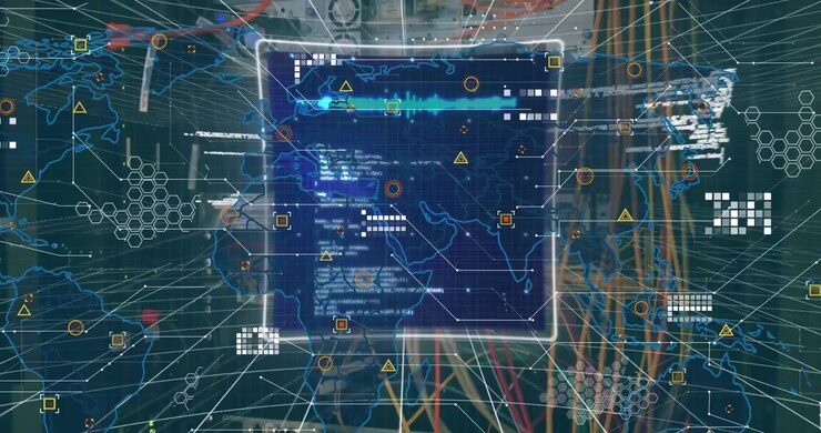 Digital World Map Overlay on Server Room Infrastructure