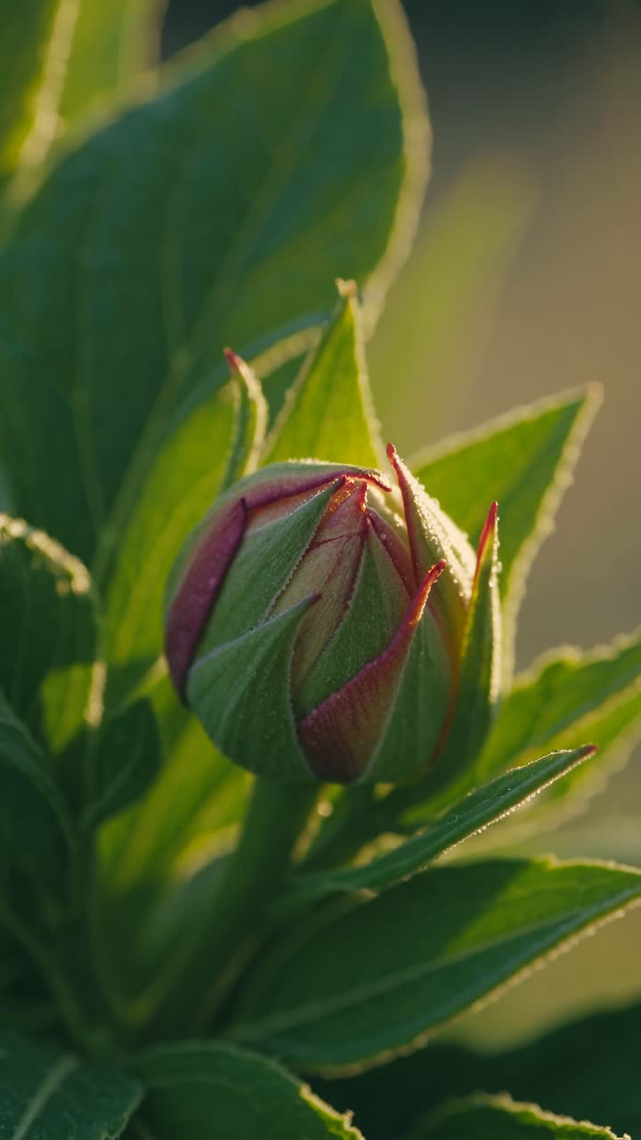 Close-up video of a dewy flower bud at sunrise, captured from a low angle