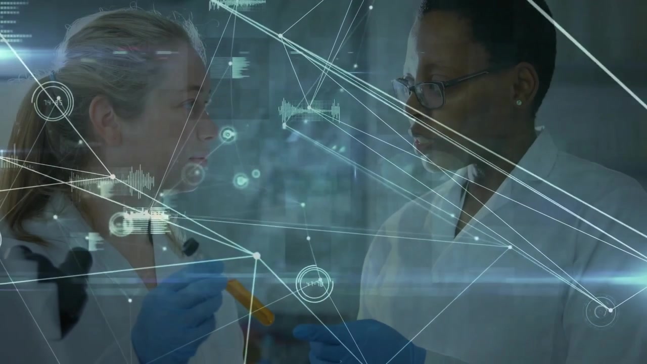 Two Scientists Discussing Research in a Laboratory with Digital Data Overlay