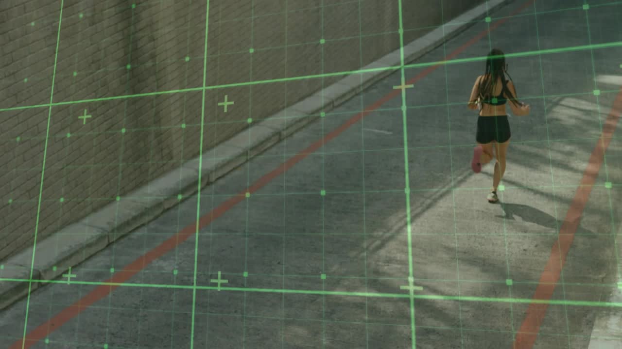 Runner entering frame, jogging down alley while green grid overlay tracking movement for fitness