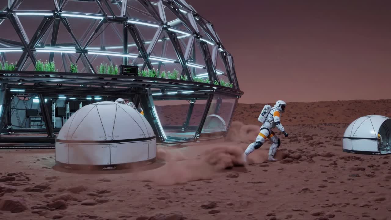 Astronauts Exploring a Martian Greenhouse Habitat