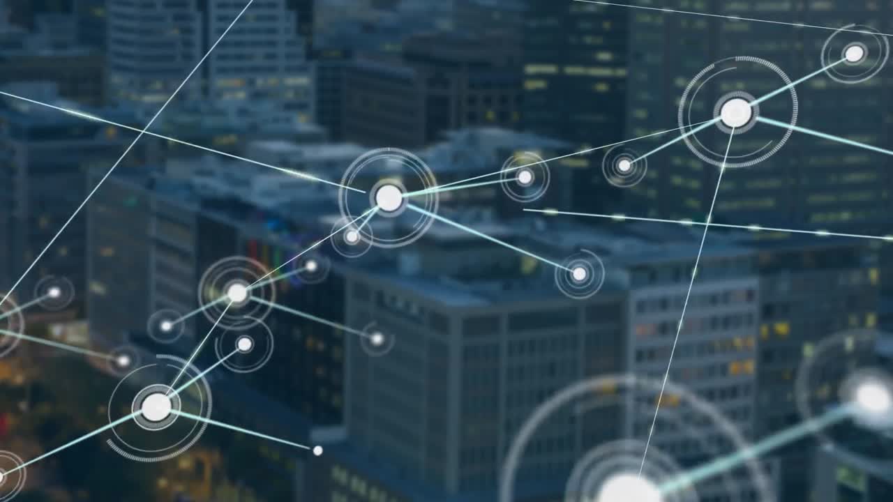 Animation of networks of connections over cityscape