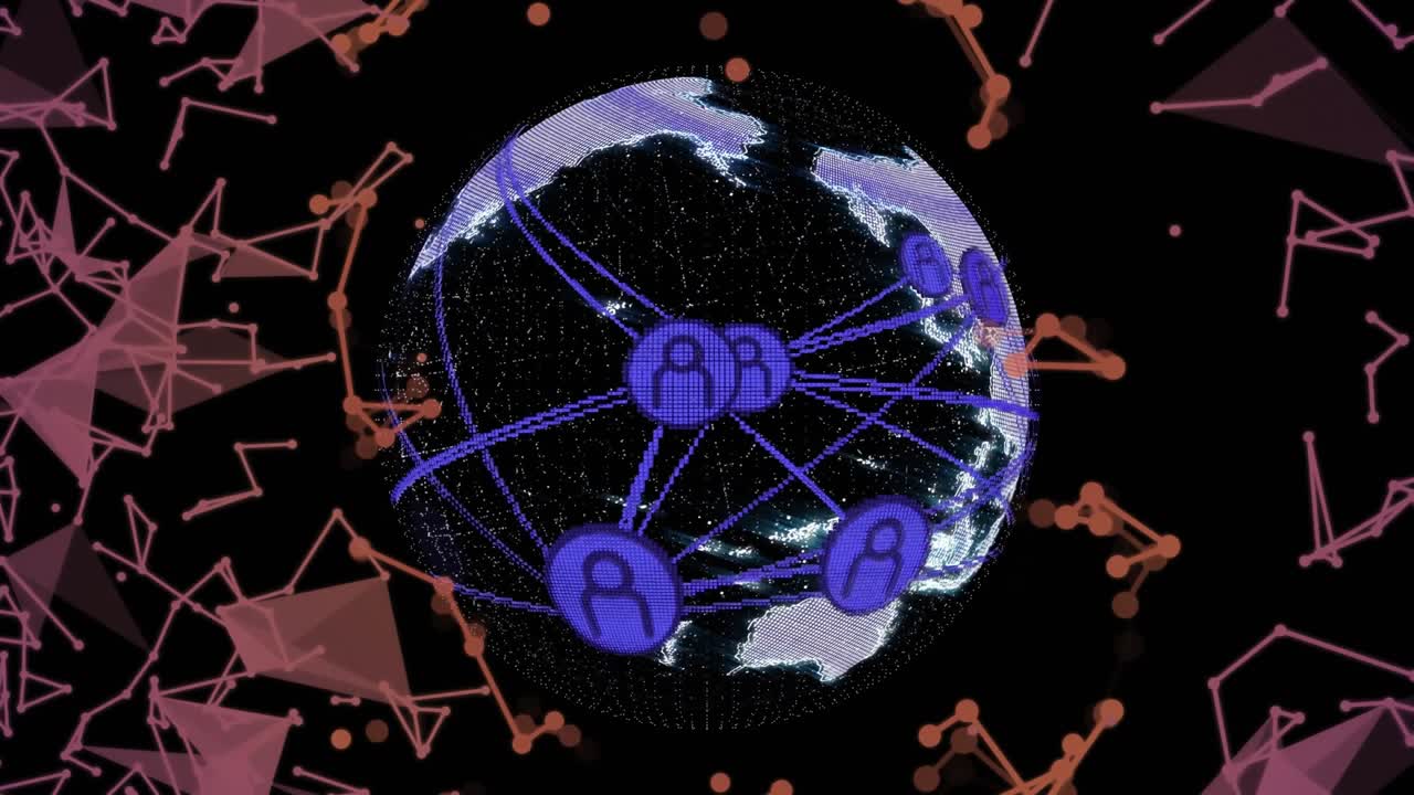 At start 3D globe rotating westward expanding neon blue icons linking nodes showing global network